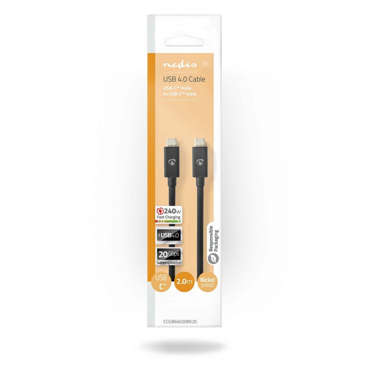 Nedis USB-Kabel | USB 4.0 Gen 2x2 | USB-C™ Male | USB-C™ Male | 240 W | 8K@60Hz | 20 Gbps | Vernikkeld | 2.00 m | Rond | PVC | Zwart | Doos Nedis USB-Kabel | USB 4.0 Gen 2x2 | USB-C™ Male | USB-C™ Male | 240 W | 8K@60Hz | 20 Gbps | Vernikkeld | 2.00 m | Rond | PVC | Zwart | Doos