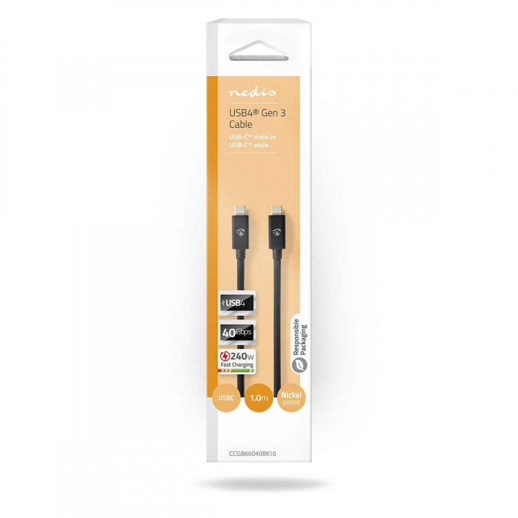 Nedis USB-Kabel | USB 4.0 Gen 3x2 | USB-C™ Male | USB-C™ Male | 240 W | 8K@60Hz | 40 Gbps | Vernikkeld | 1.00 m | Rond | PVC | Zwart | Doos Nedis USB-Kabel | USB 4.0 Gen 3x2 | USB-C™ Male | USB-C™ Male | 240 W | 8K@60Hz | 40 Gbps | Vernikkeld | 1.00 m | Rond | PVC | Zwart | Doos