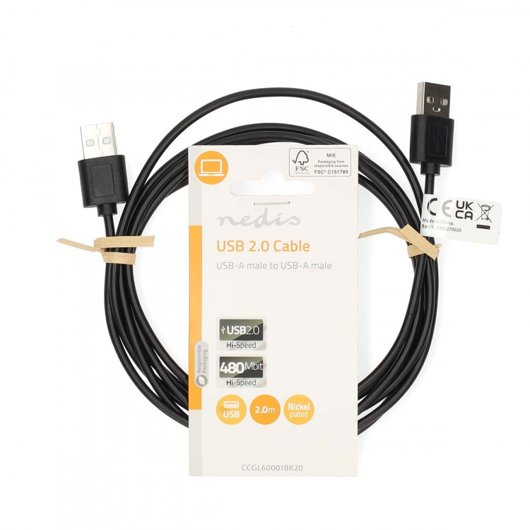 Nedis USB-Kabel | USB 2.0 | USB-A Male | USB-A Male | 480 Mbps | Vernikkeld | 2.00 m | Rond | PVC | Zwart | Label Nedis USB-Kabel | USB 2.0 | USB-A Male | USB-A Male | 480 Mbps | Vernikkeld | 2.00 m | Rond | PVC | Zwart | Label