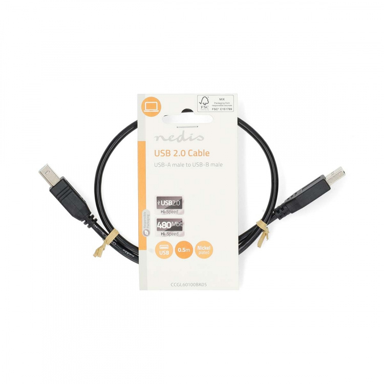 Nedis USB-Kabel | USB 2.0 | USB-A Male | USB-B Male | 10 W | 480 Mbps | Vernikkeld | 0.50 m | Rond | PVC | Zwart | Label Nedis USB-Kabel | USB 2.0 | USB-A Male | USB-B Male | 10 W | 480 Mbps | Vernikkeld | 0.50 m | Rond | PVC | Zwart | Label