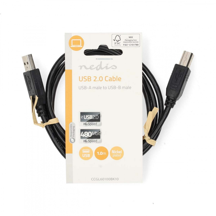 Nedis USB-Kabel | USB 2.0 | USB-A Male | USB-B Male | 10 W | 480 Mbps | Vernikkeld | 1.00 m | Rond | PVC | Zwart | Label Nedis USB-Kabel | USB 2.0 | USB-A Male | USB-B Male | 10 W | 480 Mbps | Vernikkeld | 1.00 m | Rond | PVC | Zwart | Label