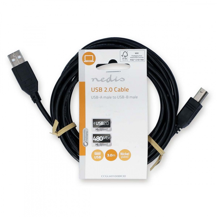 Nedis USB-Kabel | USB 2.0 | USB-A Male | USB-B Male | 10 W | 480 Mbps | Vernikkeld | 3.00 m | Rond | PVC | Zwart | Label Nedis USB-Kabel | USB 2.0 | USB-A Male | USB-B Male | 10 W | 480 Mbps | Vernikkeld | 3.00 m | Rond | PVC | Zwart | Label