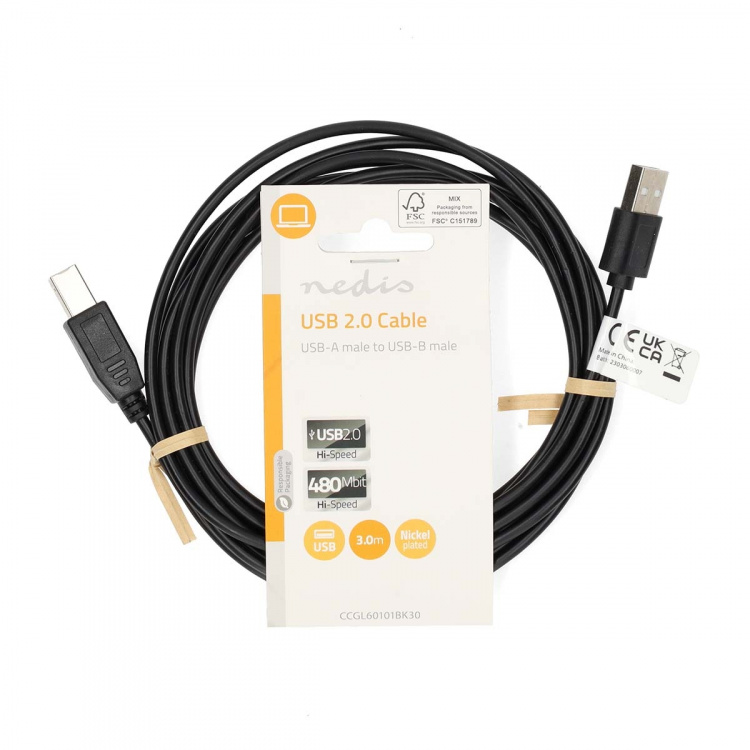 Nedis USB-Kabel | USB 2.0 | USB-A Male | USB-B Male | 480 Mbps | Vernikkeld | 3.00 m | Rond | PVC | Zwart | Label Nedis USB-Kabel | USB 2.0 | USB-A Male | USB-B Male | 480 Mbps | Vernikkeld | 3.00 m | Rond | PVC | Zwart | Label
