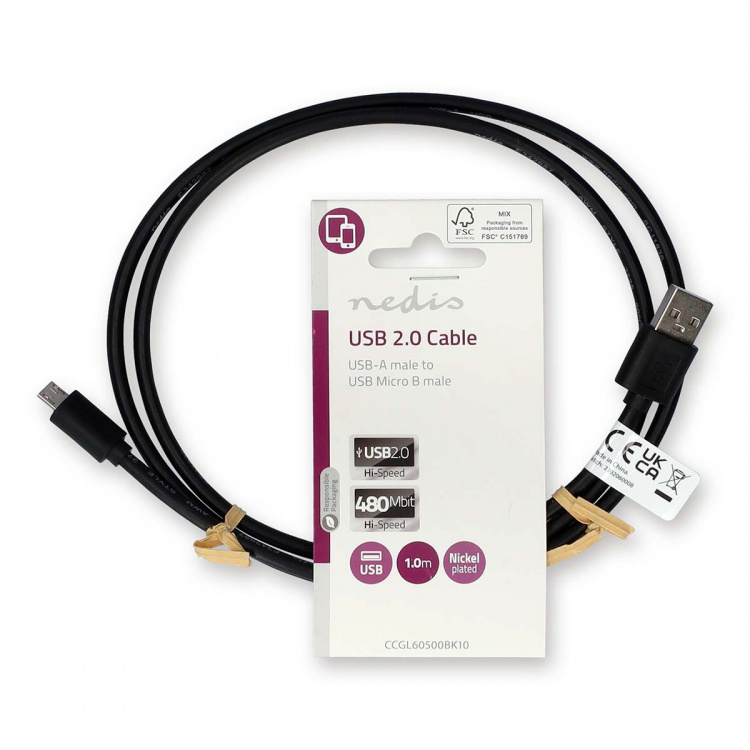 Nedis USB-Kabel | USB 2.0 | USB-A Male | USB Micro-B Male | 10 W | 480 Mbps | Vernikkeld | 1.00 m | Rond | PVC | Zwart | Label Nedis USB-Kabel | USB 2.0 | USB-A Male | USB Micro-B Male | 10 W | 480 Mbps | Vernikkeld | 1.00 m | Rond | PVC | Zwart | Label