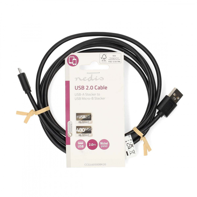 Nedis USB-Kabel | USB 2.0 | USB-A Male | USB Micro-B Male | 11 W | 480 Mbps | Vernikkeld | 2.00 m | Rond | PVC | Zwart | Label Nedis USB-Kabel | USB 2.0 | USB-A Male | USB Micro-B Male | 11 W | 480 Mbps | Vernikkeld | 2.00 m | Rond | PVC | Zwart | Label