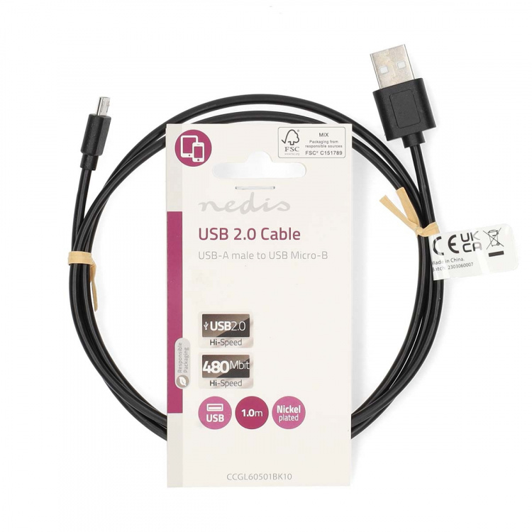 Nedis USB-Kabel | USB 2.0 | USB-A Male | USB Micro-B Male | 7.5 W | 480 Mbps | Vernikkeld | 1.00 m | Rond | PVC | Zwart | Label Nedis USB-Kabel | USB 2.0 | USB-A Male | USB Micro-B Male | 7.5 W | 480 Mbps | Vernikkeld | 1.00 m | Rond | PVC | Zwart | Label