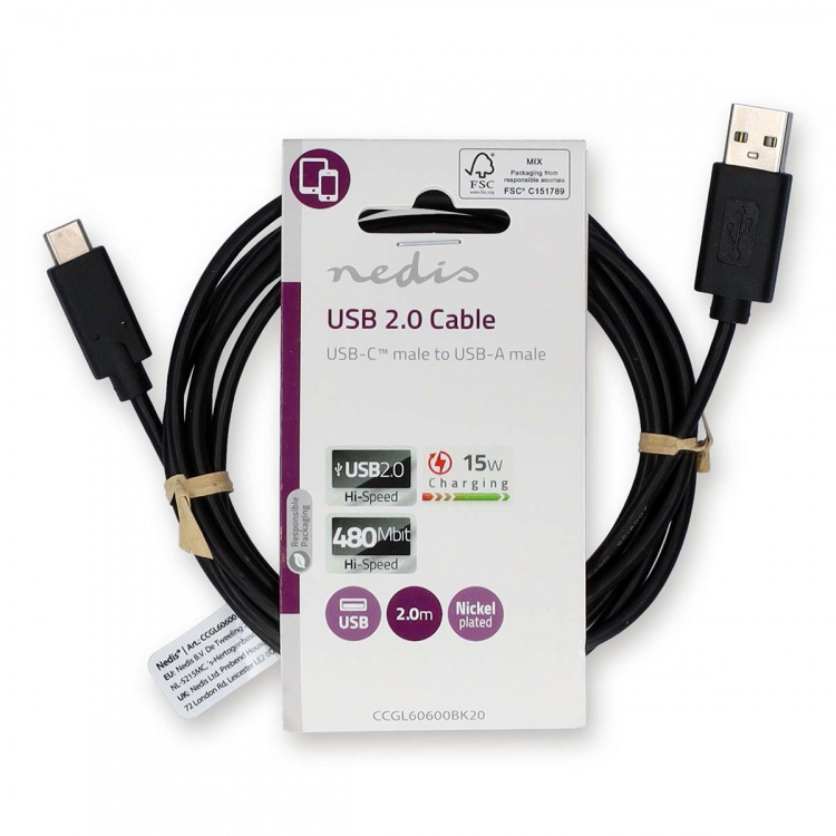 Nedis USB-Kabel | USB 2.0 | USB-A Male | USB-C™ Male | 15 W | 480 Mbps | Vernikkeld | 2.00 m | Rond | PVC | Zwart | Label