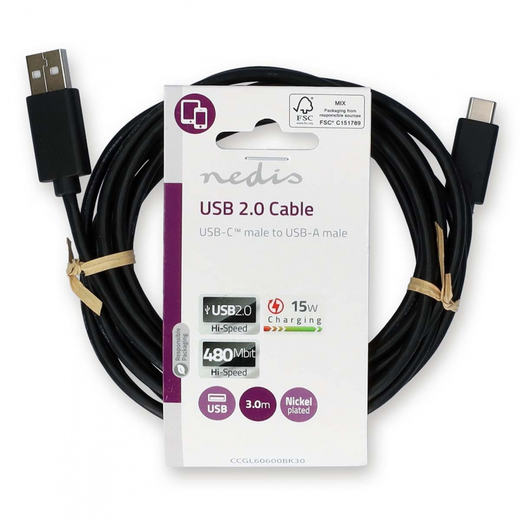 Nedis USB-Kabel | USB 2.0 | USB-A Male | USB-C™ Male | 15 W | 480 Mbps | Vernikkeld | 3.00 m | Rond | PVC | Zwart | Label