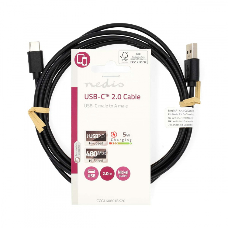 Nedis USB-Kabel | USB 2.0 | USB-A Male | USB-C™ Male | 5 W | 480 Mbps | Vernikkeld | 2.00 m | Rond | PVC | Zwart | Label Nedis USB-Kabel | USB 2.0 | USB-A Male | USB-C™ Male | 5 W | 480 Mbps | Vernikkeld | 2.00 m | Rond | PVC | Zwart | Label