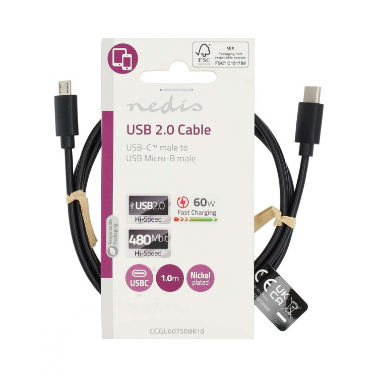 Nedis USB-Kabel | USB 2.0 | USB-C™ Male | USB Micro-B Male | 60 W | 480 Mbps | Vernikkeld | 1.00 m | Rond | PVC | Zwart | Label Nedis USB-Kabel | USB 2.0 | USB-C™ Male | USB Micro-B Male | 60 W | 480 Mbps | Vernikkeld | 1.00 m | Rond | PVC | Zwart | Label