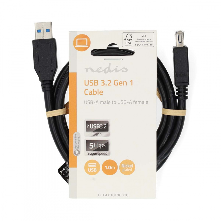 Nedis USB-Kabel | USB 3.2 Gen 1 | USB-A Male | USB-A Female | 5 Gbps | Vernikkeld | 1.00 m | Rond | PVC | Zwart | Label