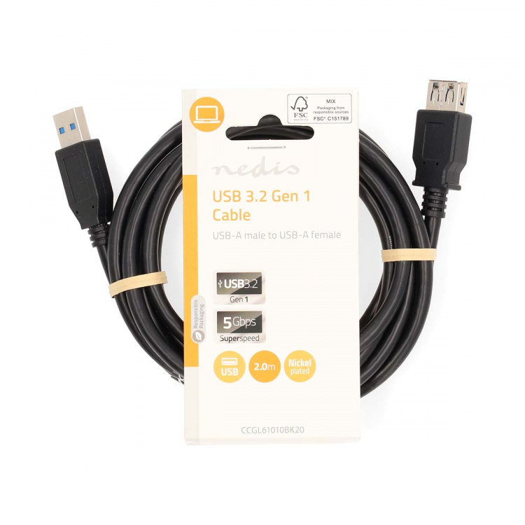 Nedis USB-Kabel | USB 3.2 Gen 1 | USB-A Male | USB-A Female | 5 Gbps | Vernikkeld | 2.00 m | Rond | PVC | Zwart | Label Nedis USB-Kabel | USB 3.2 Gen 1 | USB-A Male | USB-A Female | 5 Gbps | Vernikkeld | 2.00 m | Rond | PVC | Zwart | Label