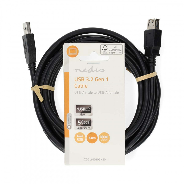 Nedis USB-Kabel | USB 3.2 Gen 1 | USB-A Male | USB-A Female | 5 Gbps | Vernikkeld | 3.00 m | Rond | PVC | Zwart | Label Nedis USB-Kabel | USB 3.2 Gen 1 | USB-A Male | USB-A Female | 5 Gbps | Vernikkeld | 3.00 m | Rond | PVC | Zwart | Label