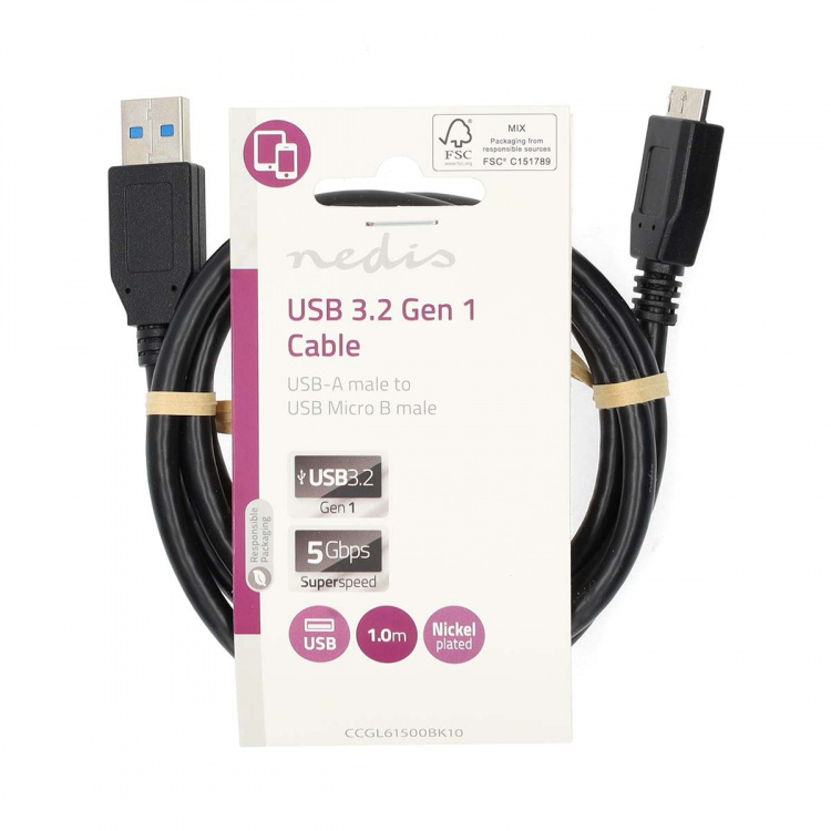 Nedis USB-Kabel | USB 3.2 Gen 1 | USB-A Male | USB Micro-B Male | 5 Gbps | Vernikkeld | 1.00 m | Rond | PVC | Zwart | Label Nedis USB-Kabel | USB 3.2 Gen 1 | USB-A Male | USB Micro-B Male | 5 Gbps | Vernikkeld | 1.00 m | Rond | PVC | Zwart | Label