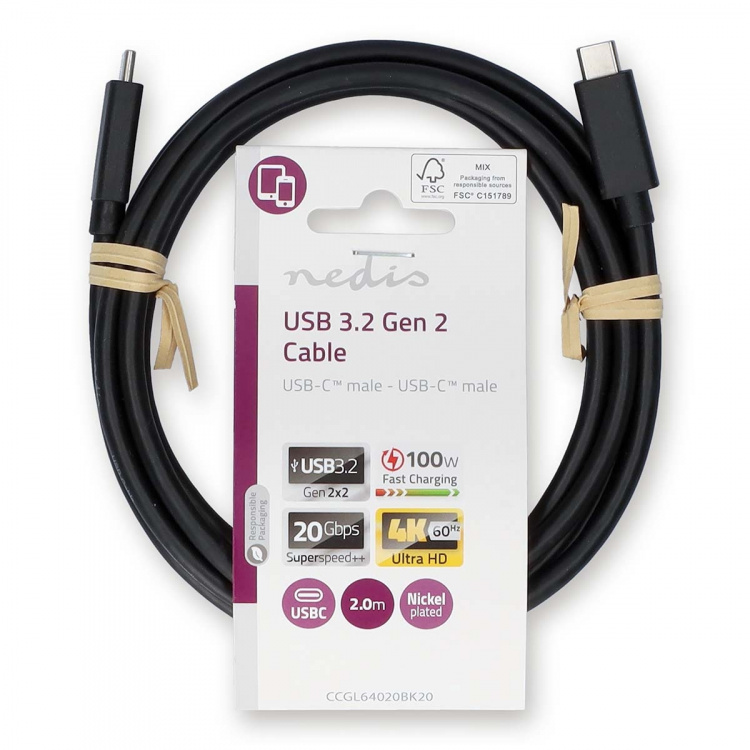 Nedis USB-Kabel | USB 3.2 Gen 2 | USB-C™ Male | USB-C™ Male | 100 W | 4K@60Hz | 20 Gbps | Vernikkeld | 2.00 m | Rond | PVC | Zwart | Label
