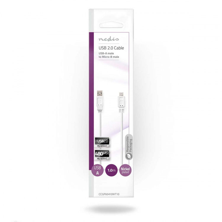 Nedis USB-Kabel | USB 2.0 | USB-A Male | USB Micro-B Male | 480 Mbps | Vernikkeld | 1.00 m | Plat | PVC | Wit | Envelop Nedis USB-Kabel | USB 2.0 | USB-A Male | USB Micro-B Male | 480 Mbps | Vernikkeld | 1.00 m | Plat | PVC | Wit | Envelop