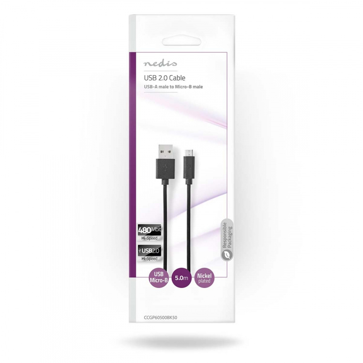 Nedis USB-Kabel | USB 2.0 | USB-A Male | USB Micro-B Male | 9 W | 480 Mbps | Vernikkeld | 5.00 m | Rond | PVC | Zwart | Envelop Nedis USB-Kabel | USB 2.0 | USB-A Male | USB Micro-B Male | 9 W | 480 Mbps | Vernikkeld | 5.00 m | Rond | PVC | Zwart | Envelop