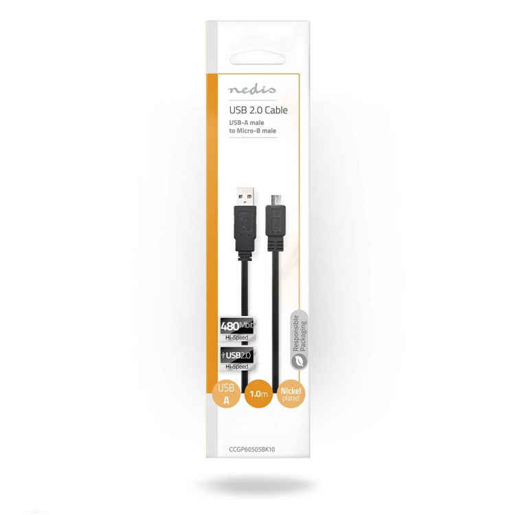 Nedis USB-Kabel | USB 2.0 | USB-A Male | USB Micro-B Male | 480 Mbps | Vernikkeld | 1.00 m | Plat | PVC | Zwart | Envelop