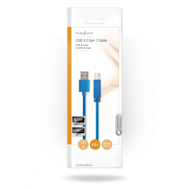 Nedis USB-Kabel | USB 3.2 Gen 1 | USB-A Male | USB-B Male | 5 Gbps | Vernikkeld | 3.00 m | Rond | PVC | Blauw | Envelop Nedis USB-Kabel | USB 3.2 Gen 1 | USB-A Male | USB-B Male | 5 Gbps | Vernikkeld | 3.00 m | Rond | PVC | Blauw | Envelop