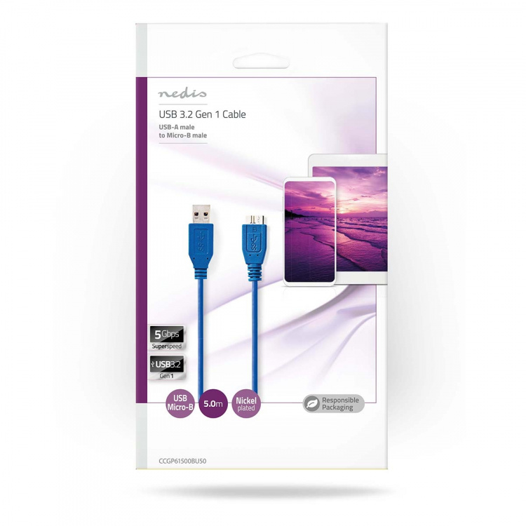 Nedis USB-Kabel | USB 3.2 Gen 1 | USB-A Male | USB Micro-B Male | 5 Gbps | Vernikkeld | 5.00 m | Rond | PVC | Blauw | Envelop