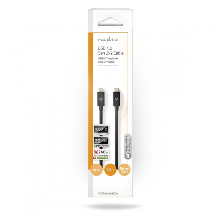 Nedis USB-Kabel | USB 4.0 Gen 2x2 | USB-C™ Male | USB-C™ Male | 240 W | 8K@60Hz | 20 Gbps | Vernikkeld | 2.00 m | Rond | PVC | Zwart | Envelop