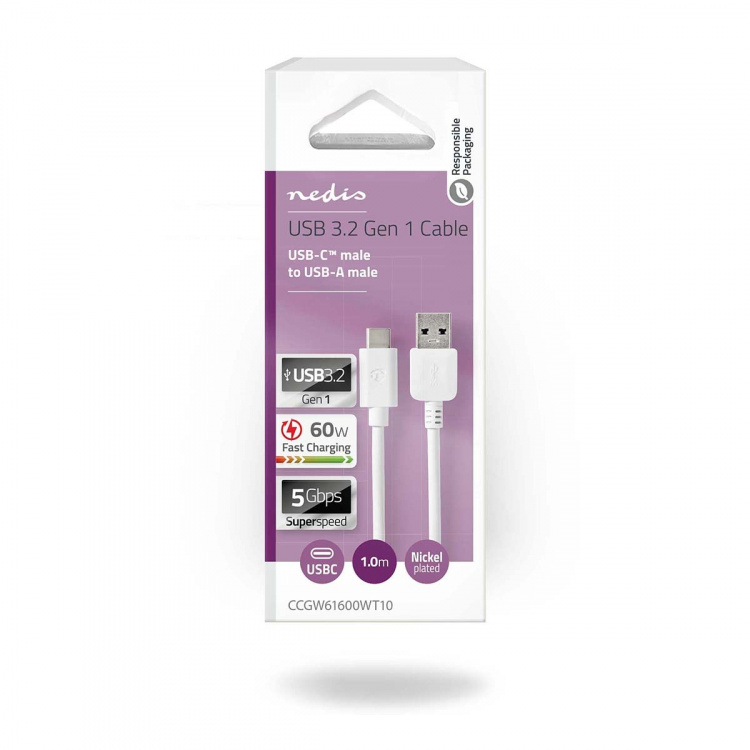 Nedis USB-Kabel | USB 3.2 Gen 1 | USB-A Male | USB-C™ Male | 60 W | 5 Gbps | Vernikkeld | 1.00 m | Rond | PVC | Wit | Doos Nedis USB-Kabel | USB 3.2 Gen 1 | USB-A Male | USB-C™ Male | 60 W | 5 Gbps | Vernikkeld | 1.00 m | Rond | PVC | Wit | Doos
