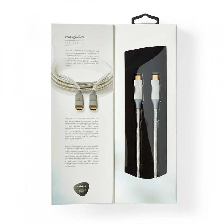 Nedis USB-Kabel | USB 3.2 Gen 2x2 | USB-C™ Male | USB-C™ Male | 100 W | 4K@60Hz | 20 Gbps | Verguld | 1.00 m | Rond | Gevlochten / Nylon | Zilver | Cover Window Box Nedis USB-Kabel | USB 3.2 Gen 2x2 | USB-C™ Male | USB-C™ Male | 100 W | 4K@60Hz | 20 Gbps | Verguld | 1.00 m | Rond | Gevlochten / Nylon | Zilver | Cover Window Box