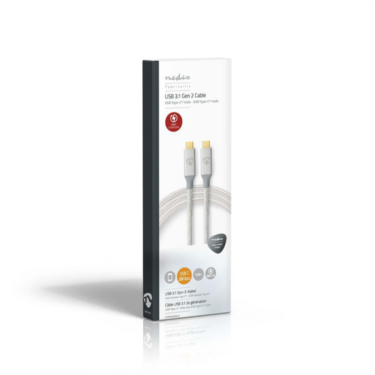 Nedis USB-Kabel | USB 3.2 Gen 2x2 | USB-C™ Male | USB-C™ Male | 100 W | 4K@60Hz | 20 Gbps | Verguld | 1.00 m | Rond | Gevlochten / Nylon | Zilver | Cover Window Box Nedis USB-Kabel | USB 3.2 Gen 2x2 | USB-C™ Male | USB-C™ Male | 100 W | 4K@60Hz | 20 Gbps | Verguld | 1.00 m | Rond | Gevlochten / Nylon | Zilver | Cover Window Box