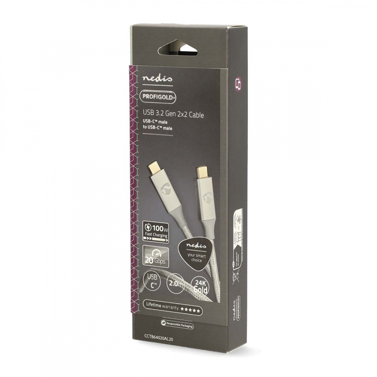 Nedis USB-Kabel | USB 3.2 Gen 2x2 | USB-C™ Male | USB-C™ Male | 100 W | 4K@60Hz | 20 Gbps | Verguld | 2.00 m | Rond | Gevlochten / Nylon | Zilver | Cover Window Box Nedis USB-Kabel | USB 3.2 Gen 2x2 | USB-C™ Male | USB-C™ Male | 100 W | 4K@60Hz | 20 Gbps | Verguld | 2.00 m | Rond | Gevlochten / Nylon | Zilver | Cover Window Box