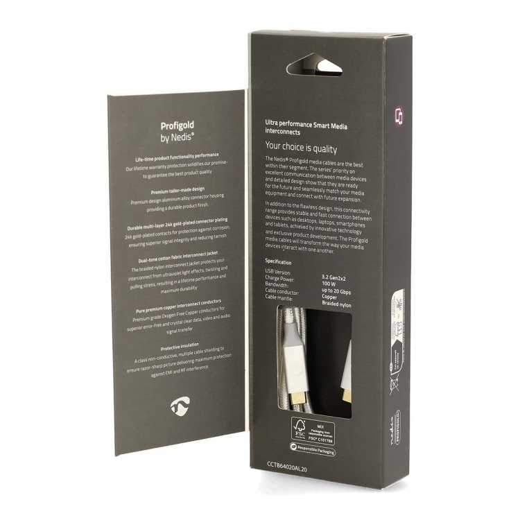 Nedis USB-Kabel | USB 3.2 Gen 2x2 | USB-C™ Male | USB-C™ Male | 100 W | 4K@60Hz | 20 Gbps | Verguld | 2.00 m | Rond | Gevlochten / Nylon | Zilver | Cover Window Box Nedis USB-Kabel | USB 3.2 Gen 2x2 | USB-C™ Male | USB-C™ Male | 100 W | 4K@60Hz | 20 Gbps | Verguld | 2.00 m | Rond | Gevlochten / Nylon | Zilver | Cover Window Box