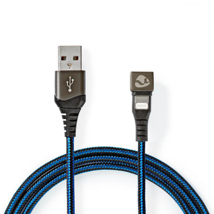 Nedis USB-Kabel | USB 2.0 | Apple Lightning 8-Pins | USB-A Male | 12 W | 480 Mbps | Vernikkeld | 1.00 m | Rond | Gevlochten / Nylon | Blauw / Zwart | Cover Window Box