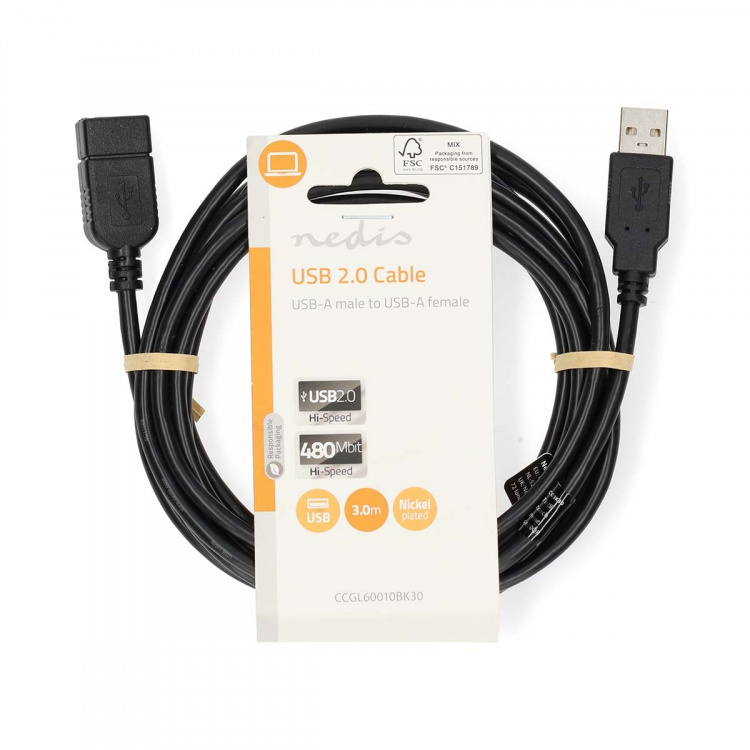 Nedis USB-Kabel | USB 2.0 | USB-A Male | USB-A Female | 480 Mbps | Vernikkeld | 3.00 m | Rond | PVC | Zwart | Label Nedis USB-Kabel | USB 2.0 | USB-A Male | USB-A Female | 480 Mbps | Vernikkeld | 3.00 m | Rond | PVC | Zwart | Label