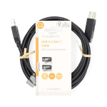 Nedis USB-Kabel | USB 3.2 Gen 1 | USB-A Male | USB-B Male | 5 Gbps | Vernikkeld | 2.00 m | Rond | PVC | Zwart | Label
