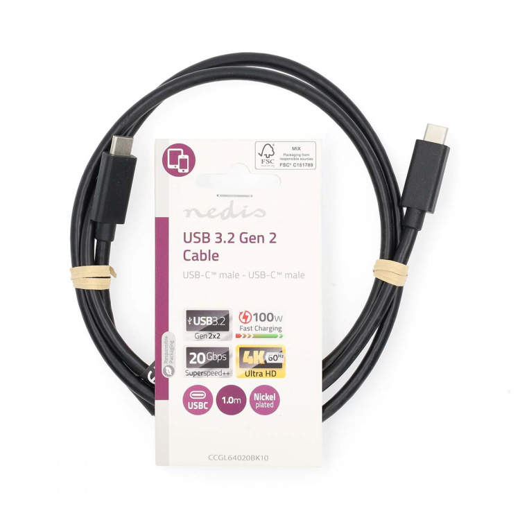Nedis USB-Kabel | USB 3.2 Gen 2 | USB-C™ Male | USB-C™ Male | 100 W | 4K@60Hz | 20 Gbps | Vernikkeld | 1.00 m | Rond | PVC | Zwart | Label