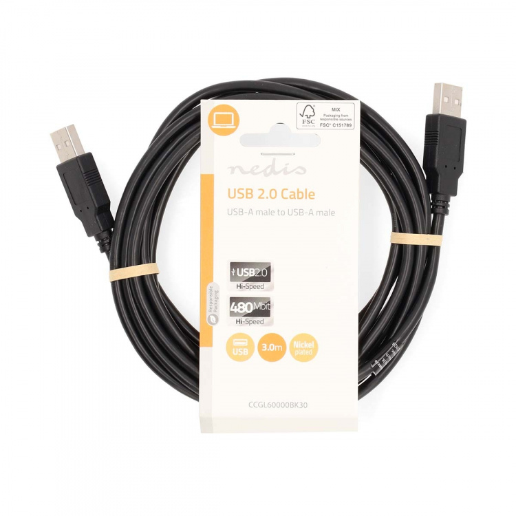 Nedis USB-Kabel | USB 2.0 | USB-A Male | USB-A Male | 480 Mbps | Vernikkeld | 3.00 m | Rond | PVC | Zwart | Label
