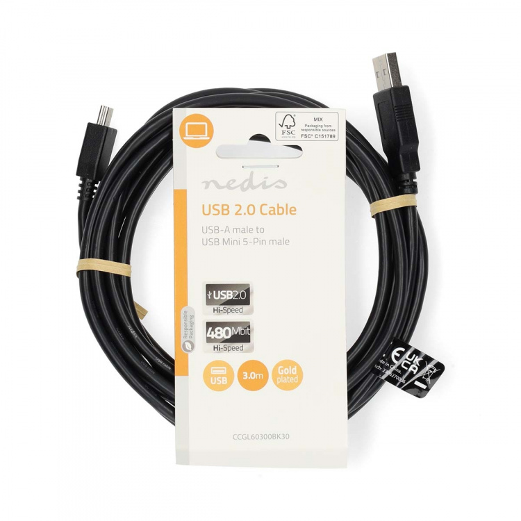 Nedis USB-Kabel | USB 2.0 | USB-A Male | USB Mini-B 5-Pins Male | 480 Mbps | Vernikkeld | 3.00 m | Rond | PVC | Zwart | Label