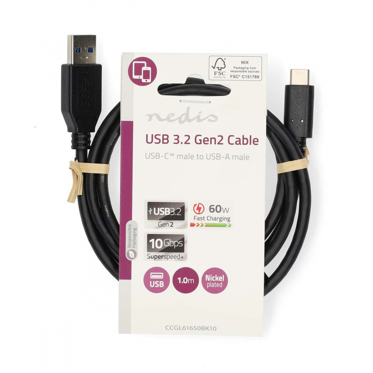 Nedis USB-Kabel | USB 3.2 Gen 2 | USB-A Male | USB-C™ Male | 60 W | 10 Gbps | Vernikkeld | 1.00 m | Rond | PVC | Zwart | Label