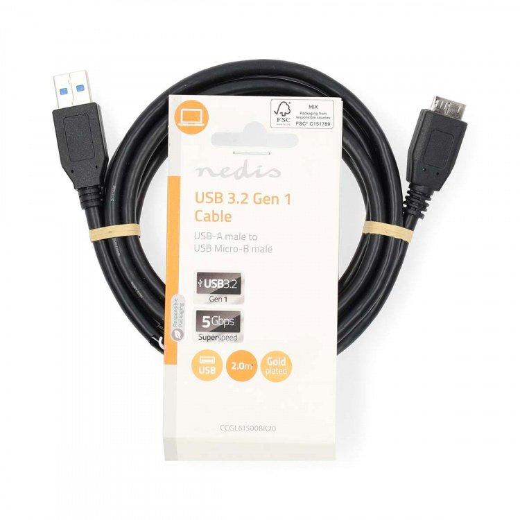 Nedis USB-Kabel | USB 3.2 Gen 1 | USB-A Male | USB Micro-B Male | 5 Gbps | Vernikkeld | 2.00 m | Rond | PVC | Zwart | Label
