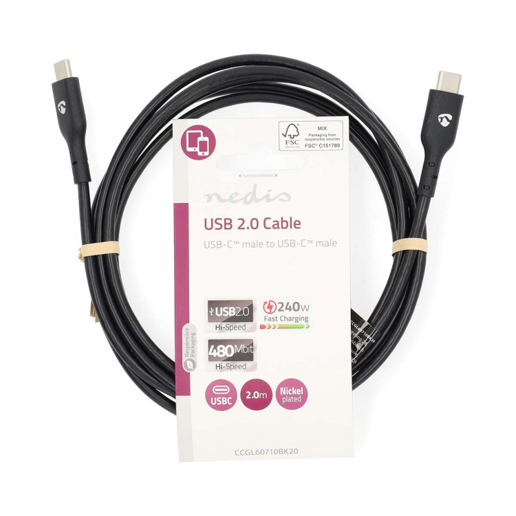 Nedis USB-Kabel | USB 2.0 | USB-C™ Male | USB-C™ Male | 240 W | 480 Mbps | Vernikkeld | 2.00 m | Rond | PVC | Zwart | Label Nedis USB-Kabel | USB 2.0 | USB-C™ Male | USB-C™ Male | 240 W | 480 Mbps | Vernikkeld | 2.00 m | Rond | PVC | Zwart | Label