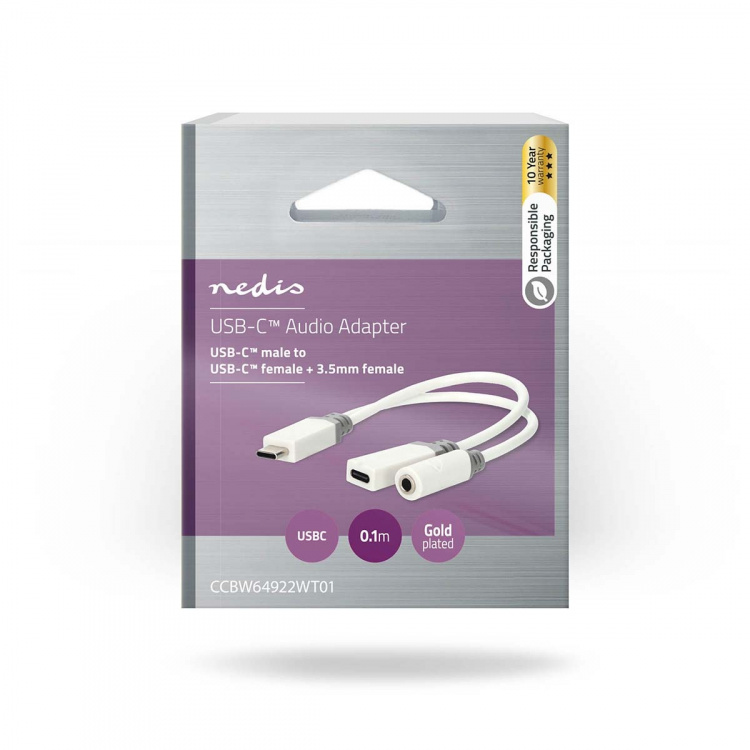 Nedis USB-C™ Adapter | USB 2.0 | USB-C™ Male | USB-C™ Female / 3,5 mm Female | 0.10 m | Rond | Verguld | PVC | Wit | Doos
