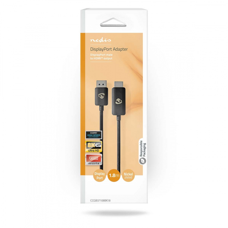 Nedis DisplayPort-Adapter | DisplayPort Male | HDMI™ Connector | 8K@30Hz | Vernikkeld | Recht | 1.80 m | Rond | TPE | Zwart | Doos