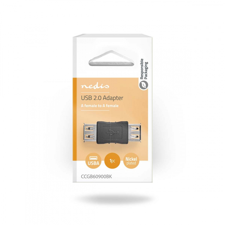 Nedis USB-A Adapter | USB 2.0 | USB-A Female | USB-A Female | 480 Mbps | Rond | Vernikkeld | PVC | Zwart | Doos