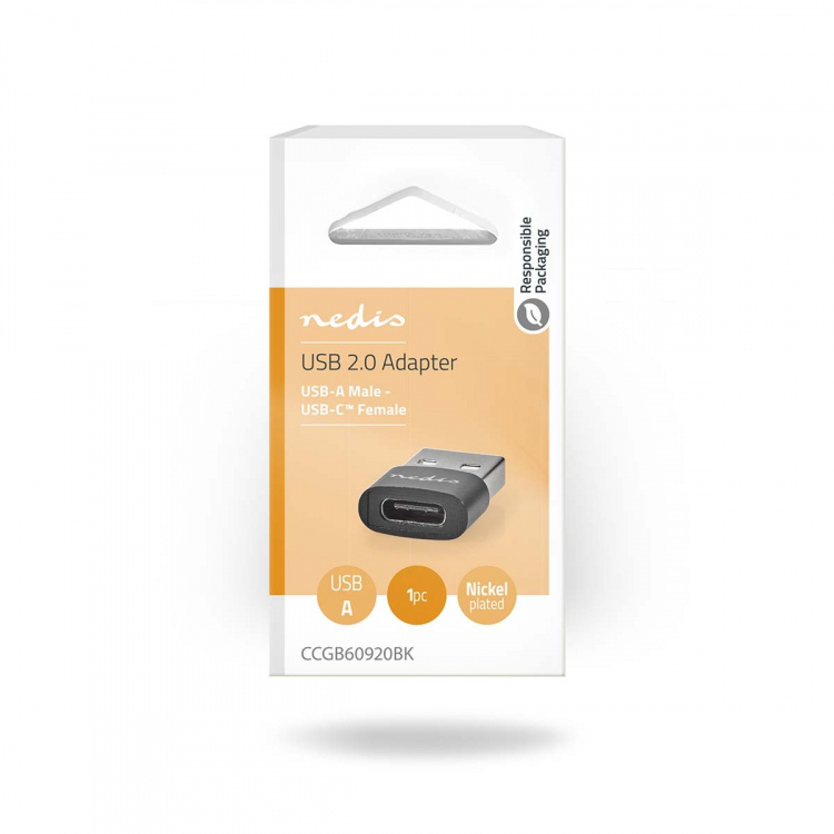 Nedis USB-A Adapter | USB 2.0 | USB-A Male | USB-C™ Female | 480 Mbps | Rond | Vernikkeld | Zwart | Doos Nedis USB-A Adapter | USB 2.0 | USB-A Male | USB-C™ Female | 480 Mbps | Rond | Vernikkeld | Zwart | Doos