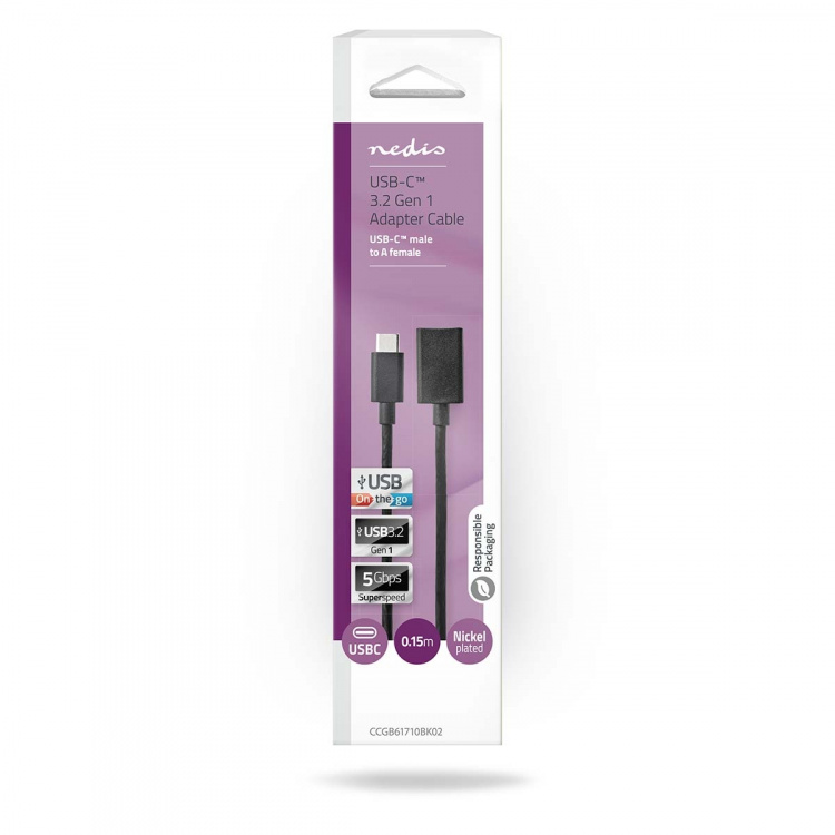 Nedis USB-C™ Adapter | USB 3.2 Gen 1 | USB-C™ Male | USB-A Female | 5 Gbps | 0.15 m | Rond | Vernikkeld | PVC | Zwart | Doos Nedis USB-C™ Adapter | USB 3.2 Gen 1 | USB-C™ Male | USB-A Female | 5 Gbps | 0.15 m | Rond | Vernikkeld | PVC | Zwart | Doos