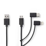 Nedis 3-in-1-Kabel | USB 2.0 | USB-A Male | Apple Lightning 8-Pins / USB Micro-B Male / USB-C™ Male | 480 Mbps | 1.00 m | Vernikkeld | Rond | PVC | Zwart | Label