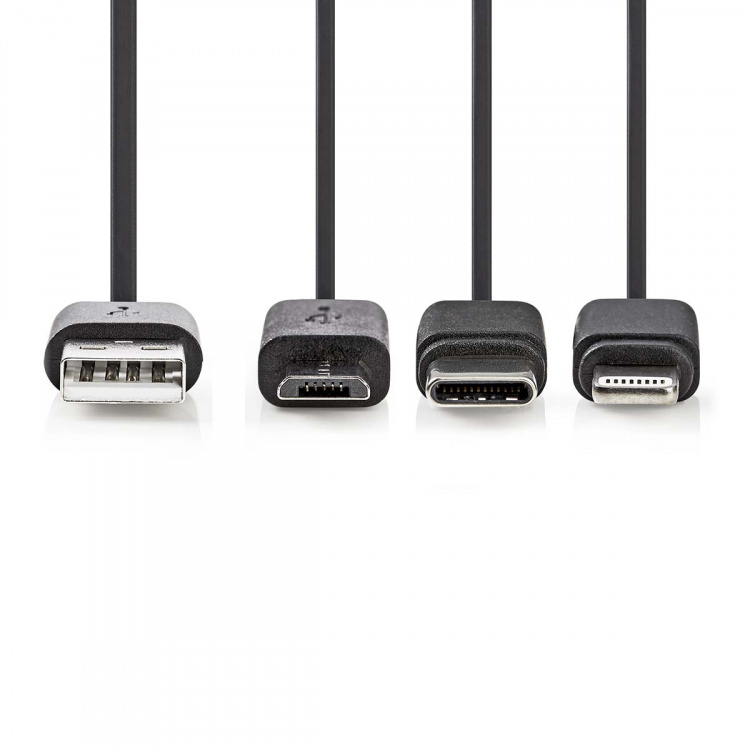 Nedis 3-in-1-Kabel | USB 2.0 | USB-A Male | Apple Lightning 8-Pins / USB Micro-B Male / USB-C™ Male | 480 Mbps | 1.00 m | Vernikkeld | Rond | PVC | Zwart | Label