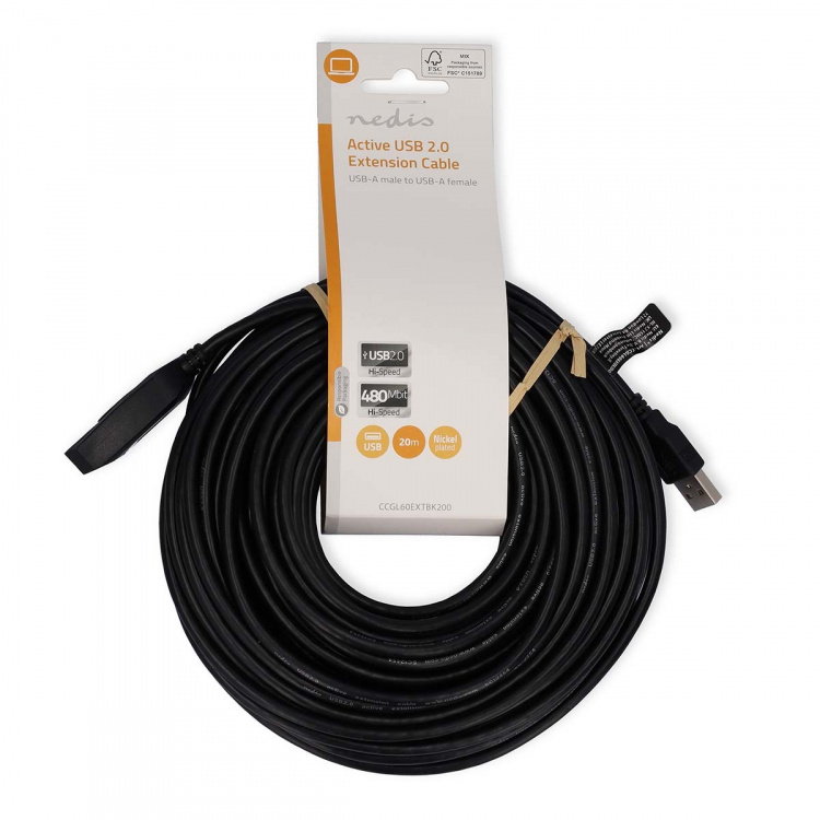 Nedis Actieve USB-Kabel | USB 2.0 | USB-A Male | USB-A Female | 480 Mbps | 20.0 m | Rond | Vernikkeld | PVC | Koper | Label Nedis Actieve USB-Kabel | USB 2.0 | USB-A Male | USB-A Female | 480 Mbps | 20.0 m | Rond | Vernikkeld | PVC | Koper | Label