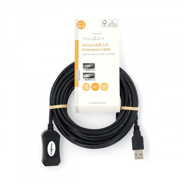 Nedis Actieve USB-Kabel | USB 2.0 | USB-A Male | USB-A Female | 480 Mbps | 5.00 m | Rond | Vernikkeld | PVC | Koper | Label Nedis Actieve USB-Kabel | USB 2.0 | USB-A Male | USB-A Female | 480 Mbps | 5.00 m | Rond | Vernikkeld | PVC | Koper | Label