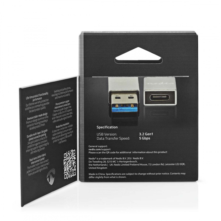 Nedis USB-A Adapter | USB 3.2 Gen 1 | USB-A Male | USB-C™ Female | 5 Gbps | Rond | Vernikkeld | Zilver | Cover Window Box Nedis USB-A Adapter | USB 3.2 Gen 1 | USB-A Male | USB-C™ Female | 5 Gbps | Rond | Vernikkeld | Zilver | Cover Window Box