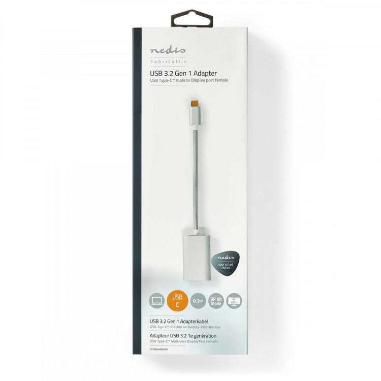 Nedis USB-C™ Adapter | USB 3.2 Gen 1 | USB-C™ Male | DisplayPort Female / USB-C™ Female | 4K@60Hz | Power delivery | 0.20 m | Rond | Verguld | Gevlochten / Nylon | Zilver | Cover Window Box